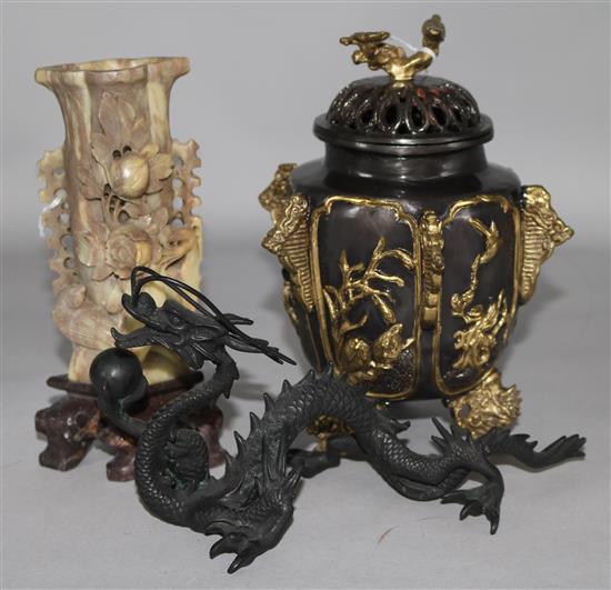 A gilt-bronze koro and cover, a bronze dragon and a soapstone vase